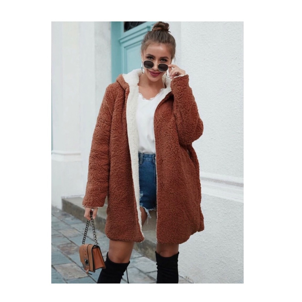 BROWN SOLID HOODED TEDDY COAT